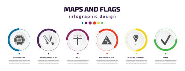 Poster - maps and flags infographic element with filled icons and 6 step or option. maps and flags icons such as rail crossing, women hairstylist, pole, electrocutation danger, placeholder point, mark