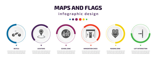 Poster - maps and flags infographic element with filled icons and 6 step or option. maps and flags icons such as bicycle, locations, school zone, inmigration check point, reading zone, left intersection