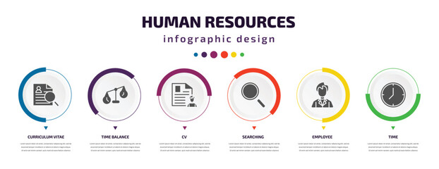 Aufkleber - human resources infographic element with filled icons and 6 step or option. human resources icons such as curriculum vitae, time balance, cv, searching, employee, time vector. can be used for