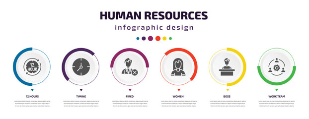 Poster - human resources infographic element with filled icons and 6 step or option. human resources icons such as 12 hours, timing, fired, women, boss, work team vector. can be used for banner, info graph,
