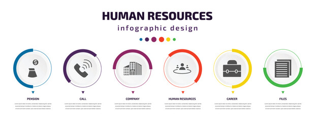 Aufkleber - human resources infographic element with filled icons and 6 step or option. human resources icons such as pension, call, company, human resources, career, files vector. can be used for banner, info