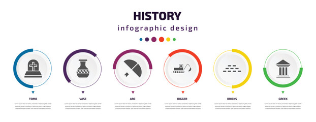 Poster - history infographic element with filled icons and 6 step or option. history icons such as tomb, vase, arc, digger, bricks, greek vector. can be used for banner, info graph, web.
