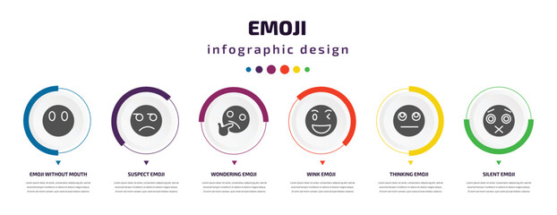 Poster - emoji infographic element with filled icons and 6 step or option. emoji icons such as emoji without mouth, suspect wondering wink thinking silent vector. can be used for banner, info graph, web.