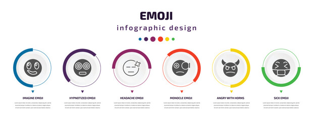 Poster - emoji infographic element with filled icons and 6 step or option. emoji icons such as imagine emoji, hypnotized headache monocle angry with horns sick vector. can be used for banner, info graph,