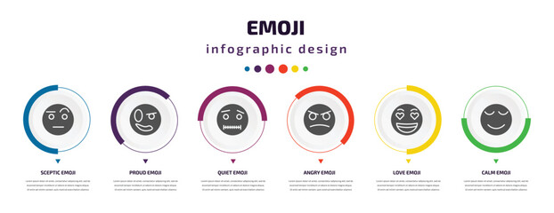 Aufkleber - emoji infographic element with filled icons and 6 step or option. emoji icons such as sceptic emoji, proud quiet angry love calm vector. can be used for banner, info graph, web.