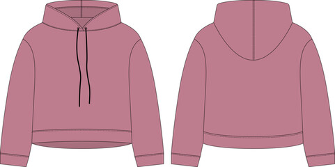Canvas Print - Women crop hoodie technical sketch. Pudra color. CAD mockup template hoody.