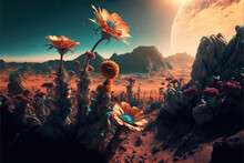 Amazing Landscape With Flower Plants Growing On Alien Planet