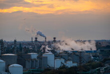 Industrial Landscape Of A Refinery At Sunset In The Province Of Tarragona In Spain