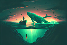 Fantasy Scenery Of Man On Boat Looking At The Jumping Glowing Green Whale In The Sea, Digital Art Style, Illustration Painting 