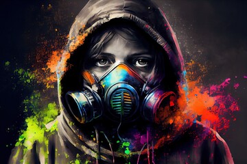 Wall Mural - graffiti sprayer artist with mask in a colourful scene