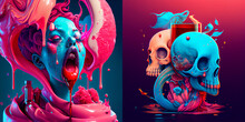 Abstract Surreal Art, Candy Character Design, Neon Lights, Skull And Floral, Spring Mood, Collection