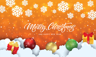 Wall Mural - merry christmas and happy new year with bokeh and lens flare pattern on summer orange color backgrou