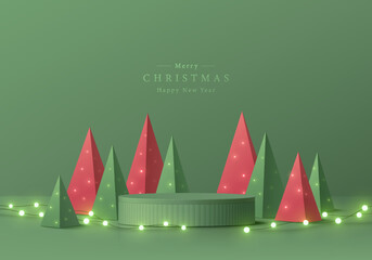 Abstract realistic 3D cylinder pedestal podium, Neon bulb on red and green christmas tree in pyramid shape. Minimal wall scene mockup product display. Merry christmas new year vector stage concept.