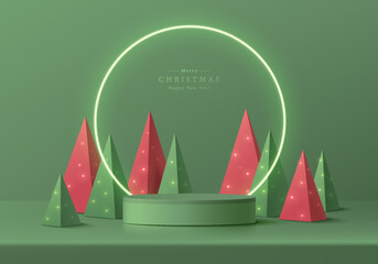 Abstract realistic 3D cylinder pedestal podium, Circle neon lighting background. Red, green pyramid christmas tree. Minimal wall scene mockup product display. Merry christmas and happy new year stage.