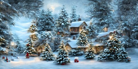 A Christmas Scene With A House In The Middle Of A Snowy Forest, Dreamy Masterpiece Background. Digital Art Illustration.