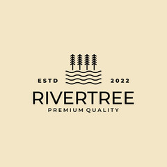 Wall Mural - pine tree with river creek logo line art design vector