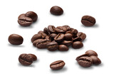 Fototapeta  - Set of roasted coffee beans or split flat berries, dark, chiaro, in piles and alone isolated png