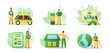 © Natalia - Sustainable home. Eco friendly car. Electric battery charging. Ecology conservation technologies concepts set. House environment. Renewable energy. Vector illustration recent infographic