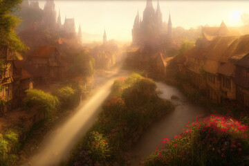 Wall Mural - beautiful medieval town covered in flowers dreamy landscape