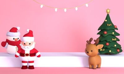 Poster - Mockup scene with Christmas tree, Santa Claus, snowman and deer. 3d rendering