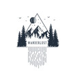 Hand drawn fir trees and mountains textured vector illustrations. Double exposure with pine forest, mountains and waterfall in a triangle with 