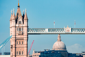 Wall Mural - Iconic Tower Bridge connecting Londong with Southwark on the Thames River. Close up view of the details of the bridge.