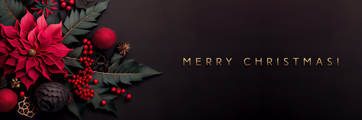 christmas copy space made of poinsettia, baubles and berries. festive banner with black background. 