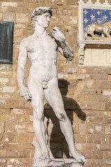 Poster - David by Michelangelo Buonarroti in Florence, Italy. Famous masterpiece male perfection.