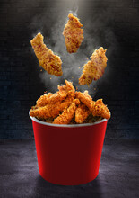 Fried Chicken Hot Fly Crispy Strips Crunchy Pieces Bucket - Large Red Box 