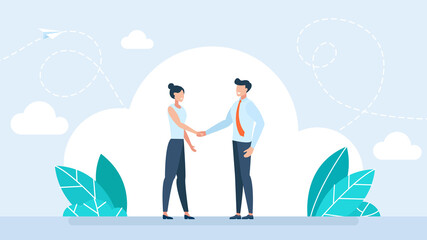 Handshake of business partners. Handshake man and woman. Meet business partners. Business people. Hand shaking meeting agreement. Symbol of a successful deal, or transaction. Flat illustration