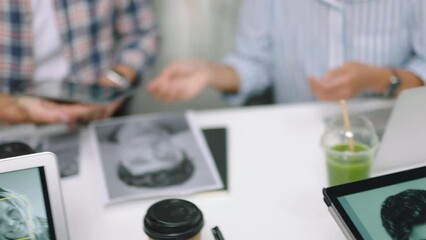 Aufkleber - Tablet, design and team collaboration for creative project, teamwork and brainstorming idea at meeting in marketing office. Graphic designer, planning and digital technology for advertising job
