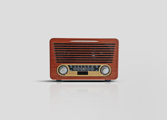 Old brown radio, retro radio without background. Perspective vintage radio isolated.