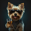 Lustiger Australischer Seidenterrier Terrier mit Sonnenbrille und Sektglas in der Pfote, 3D Illustration