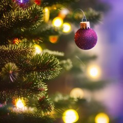 Wall Mural - Closeup of Christmas tree with ornament, decoration and light bokeh