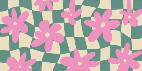 groovy checkered daisy flowers background. retro 70s - 60s hippie aesthetic wallpaper with trippy di