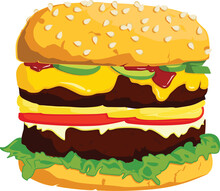 Illustration Of A Delicious Juicy Burger With Dripping Cheese And Tomato Sauce On A White Background