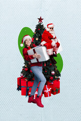 Canvas Print - Collage photo banner of excited funky woman wear christmas outfit hold huge xmas present with santa near fir tree isolated on blue color background