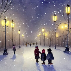 Streetlights and children playing in the snow. Background illustration 