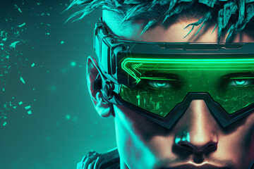 Wall Mural - close up eye with high technology glassed with in green tone color