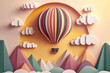 paper craft style illustration of hot air balloon  with cloud and mountain, Generative Ai