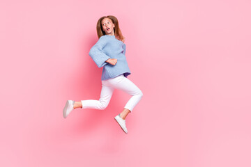 Sticker - Full body length photo of teen age schoolkid girl running looking empty space fast shocked cheap prices best offer isolated on pink color background