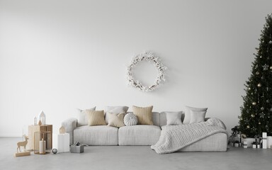 Modern minimalistic stylish white living room with white sofa, a knitted blanket pigtail, decorated big christmas tree and christmas wreath with white berries on the wall. Mockup frame for christmas	