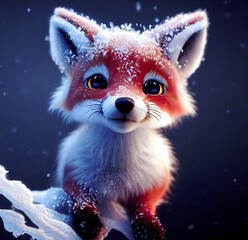 Wall Mural - Baby fox cartoon, standing in a winter landscape