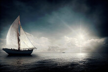 Sailing Ship On The Open Ocean With Waves
