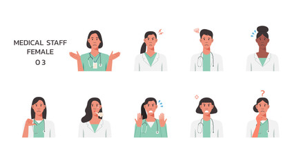 Wall Mural - People portraits of medical staffs with negative emotion isolated set, female faces avatars, vector flat  illustration	
