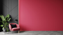 Viva Magenta Is A Trend Colour Year 2023 In The Luxury Living Lounge. Painted Mockup Wall For Art - Crimson Red Burgundy Colour. Blank Modern Room Design Interior Home. Accent Carmine Red. 3d Render 