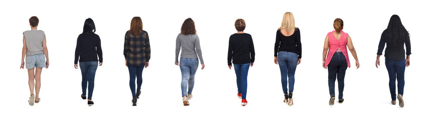 Wall Mural - back view of group of women with jeans walk on white background