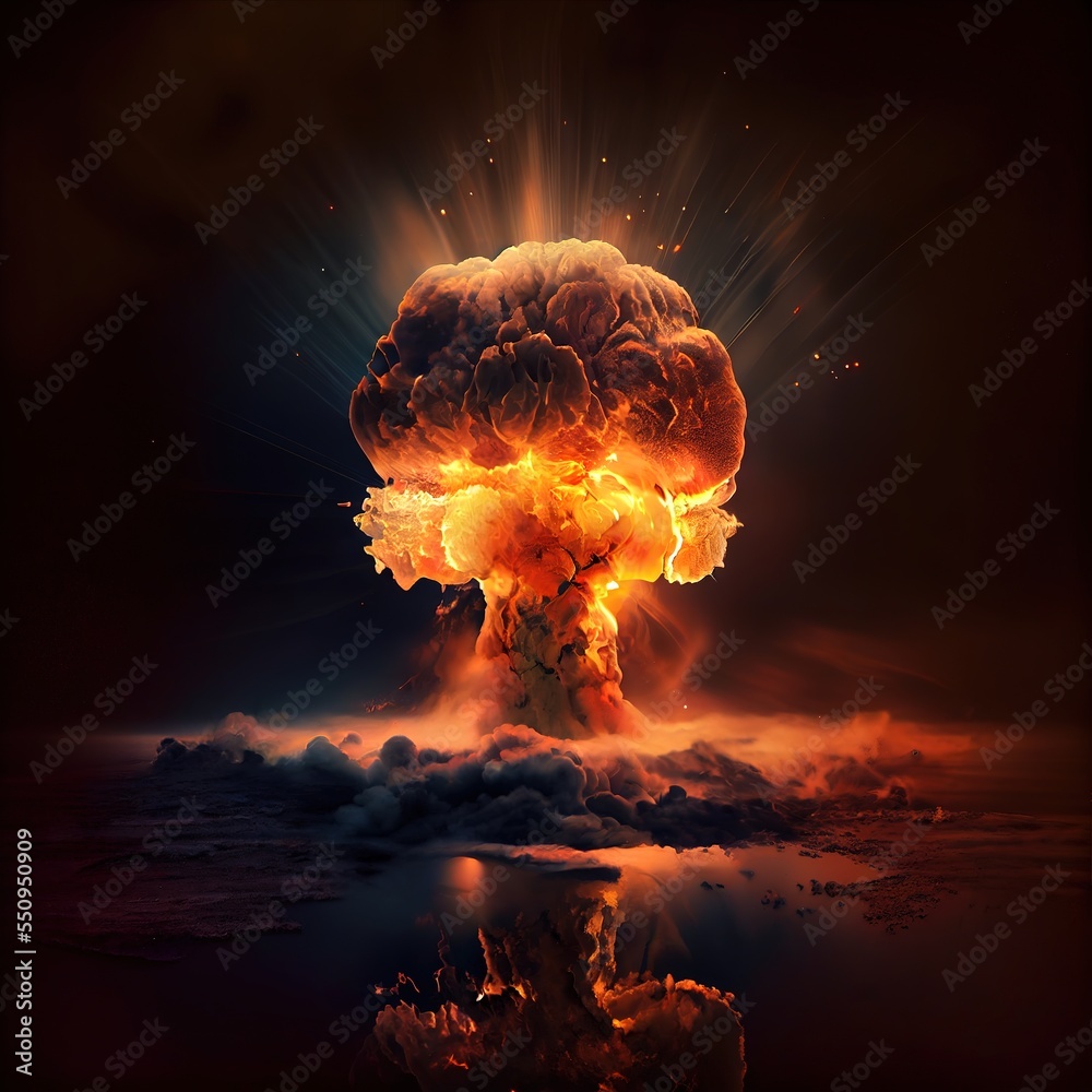 Nuclear explosion in the sea. Atom bomb explosion and mushroom cloud exploding. Photorealistic illustration generated by Ai	