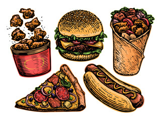 Sticker - Fast Food set. Cheeseburger, slice of pizza, hot dog, kebab, fried chicken meat, burger, nuggets. Vector illustration