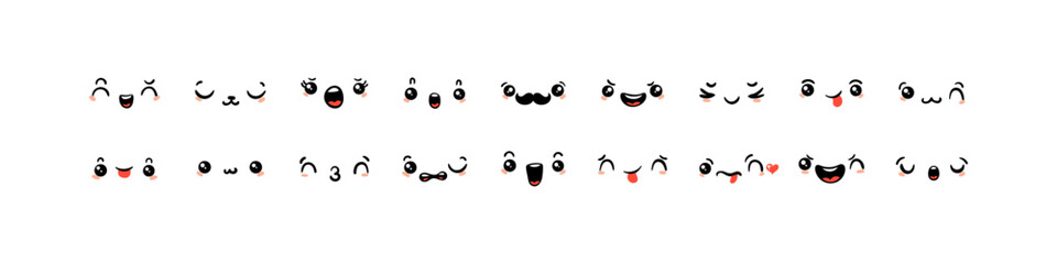 Various Cartoon Emoticons Set. Doodle faces, eyes and mouth. Caricature comic expressive emotions, smiling, crying and surprised character face expressions